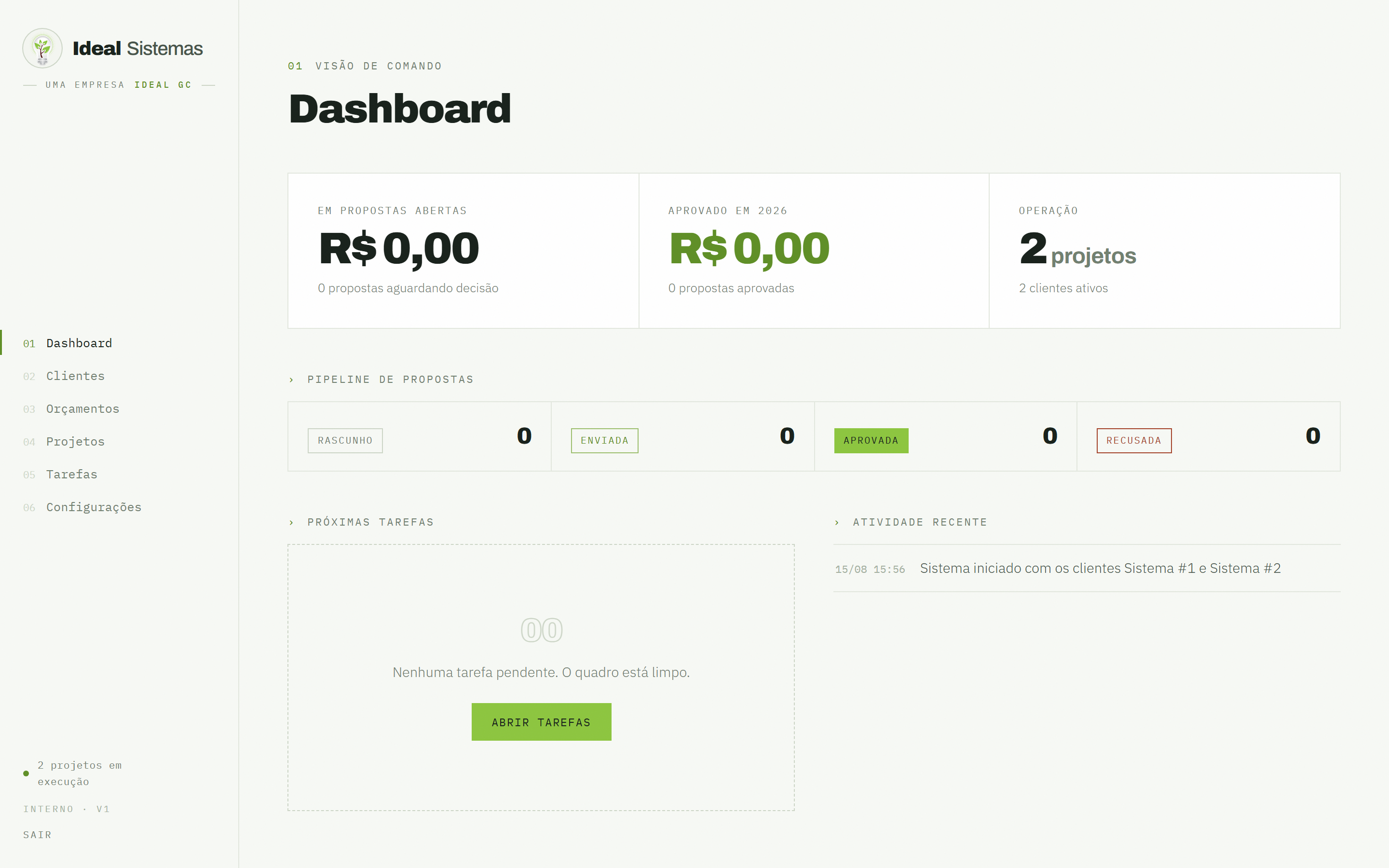 Painel do sistema mostrando propostas, pipeline e projetos em execução